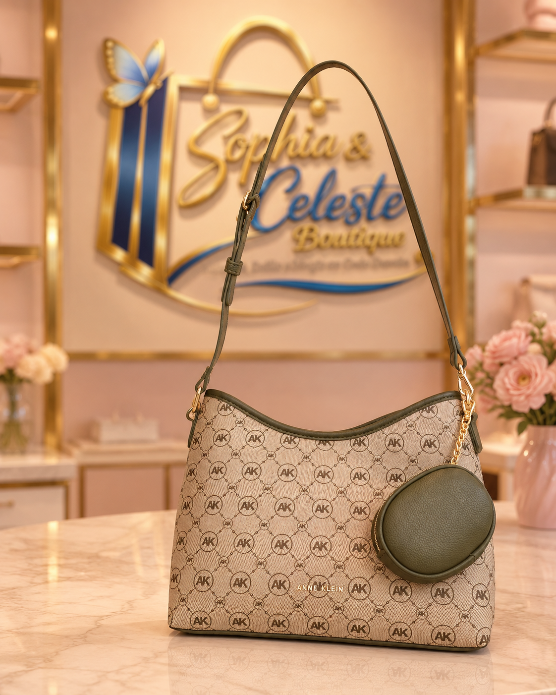 Large Anne Klein Luxury Hobo Shoulder Bag Color Beige Green