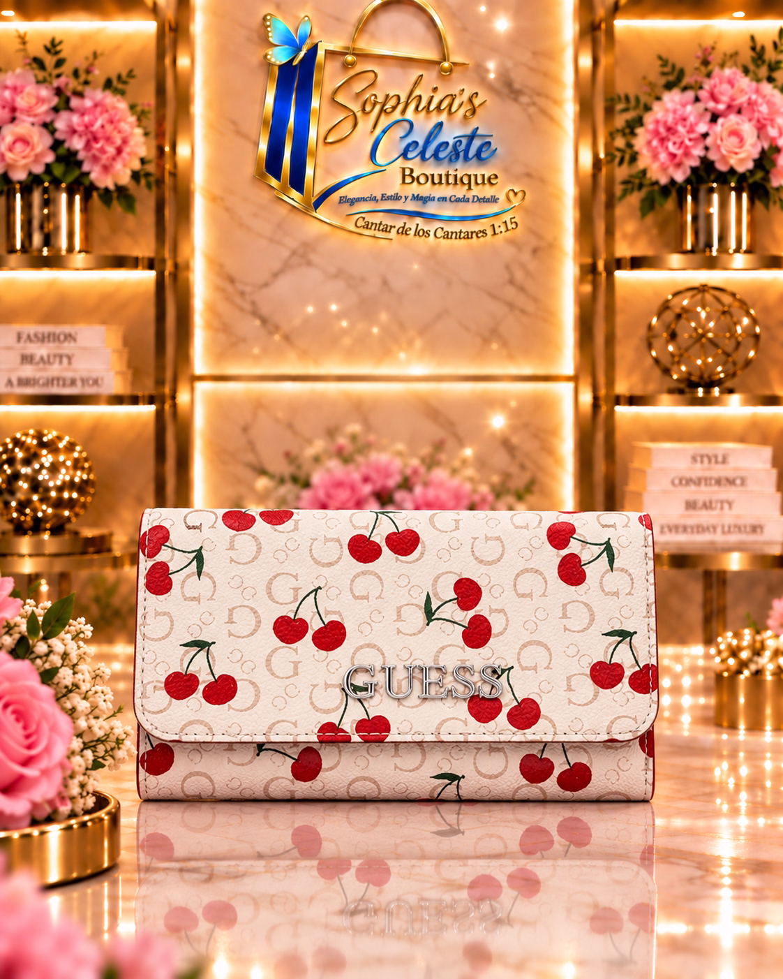 Guess Wallet para Dama de Broche Color Cherry/White