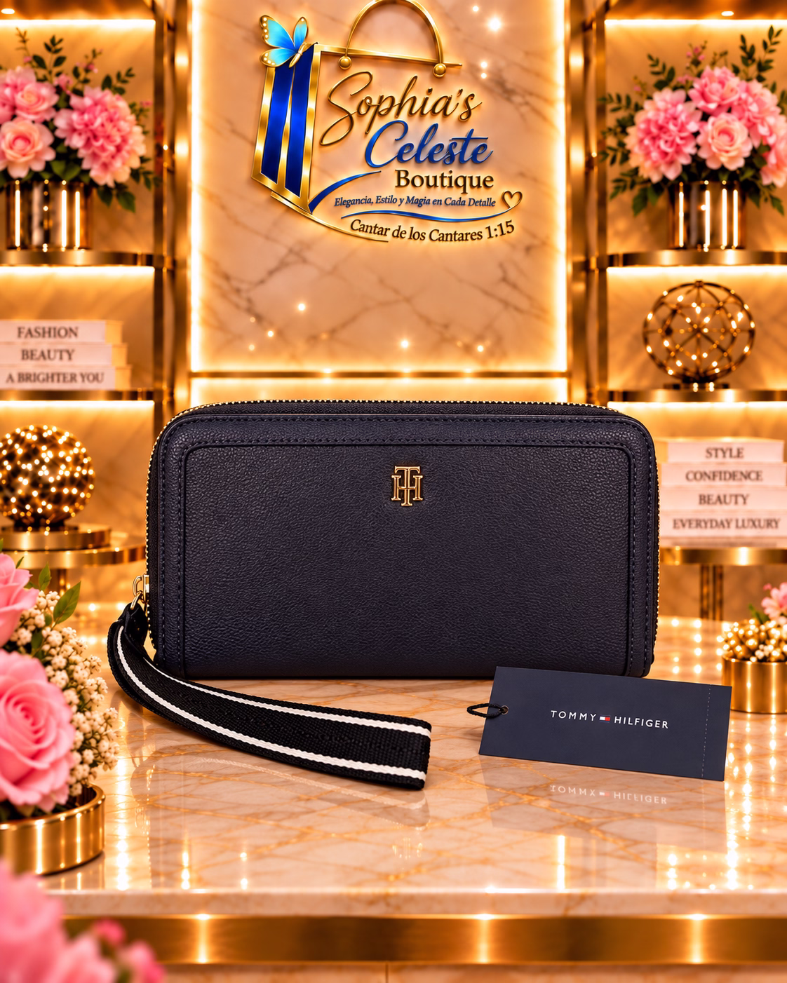 Tommy Hilfiger Wallet para Damas de zipper Color Azul Negro